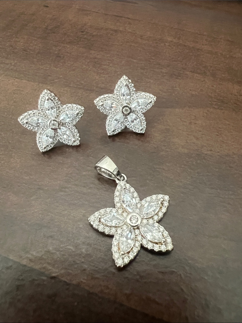 Silver Floral CZ Pendant and Earrings Set - Sparkling Flower Jewelry